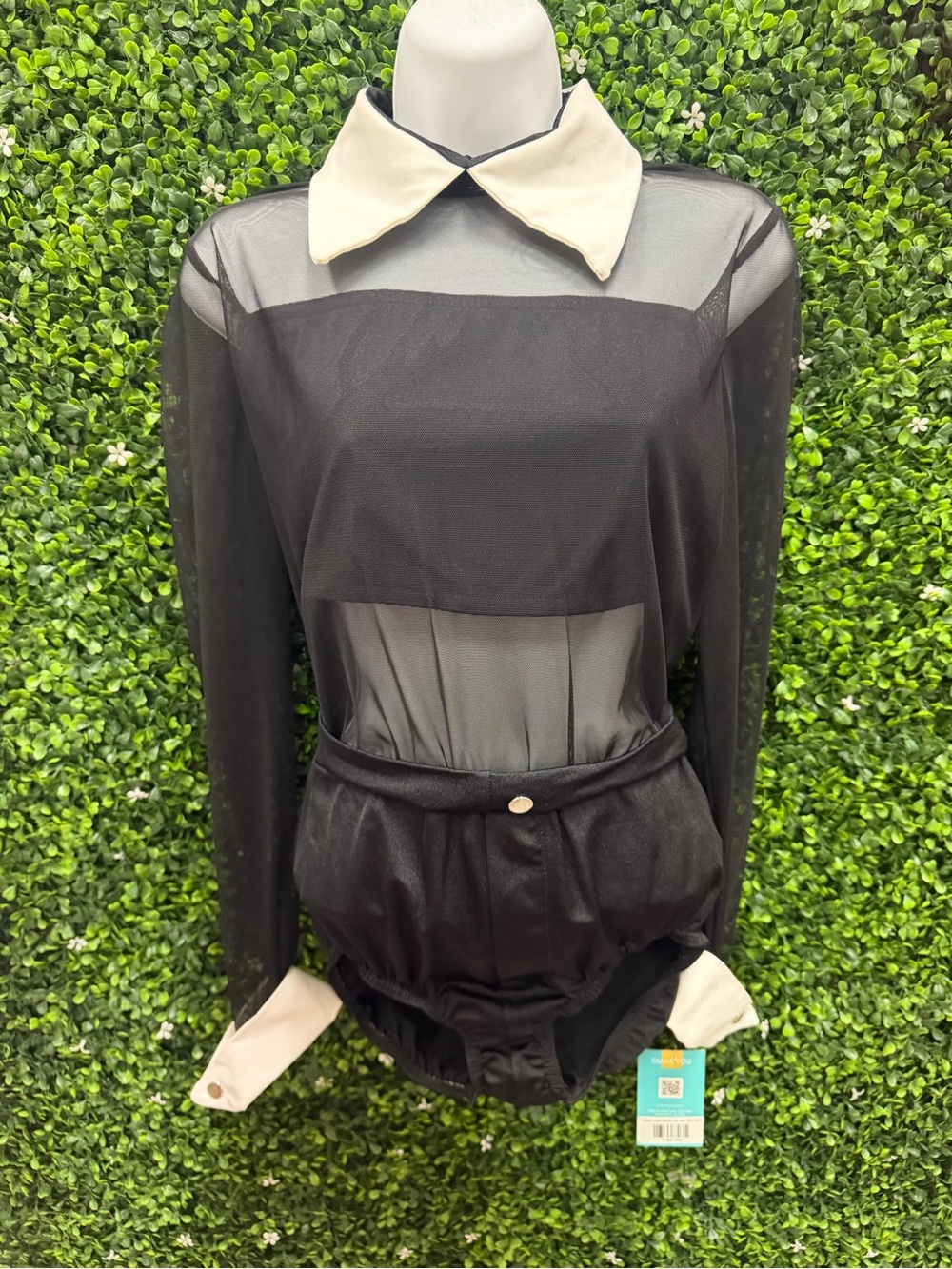 Black Sheer Dance Bodysuit with Cream Collar and Cuffs and Red Skirt